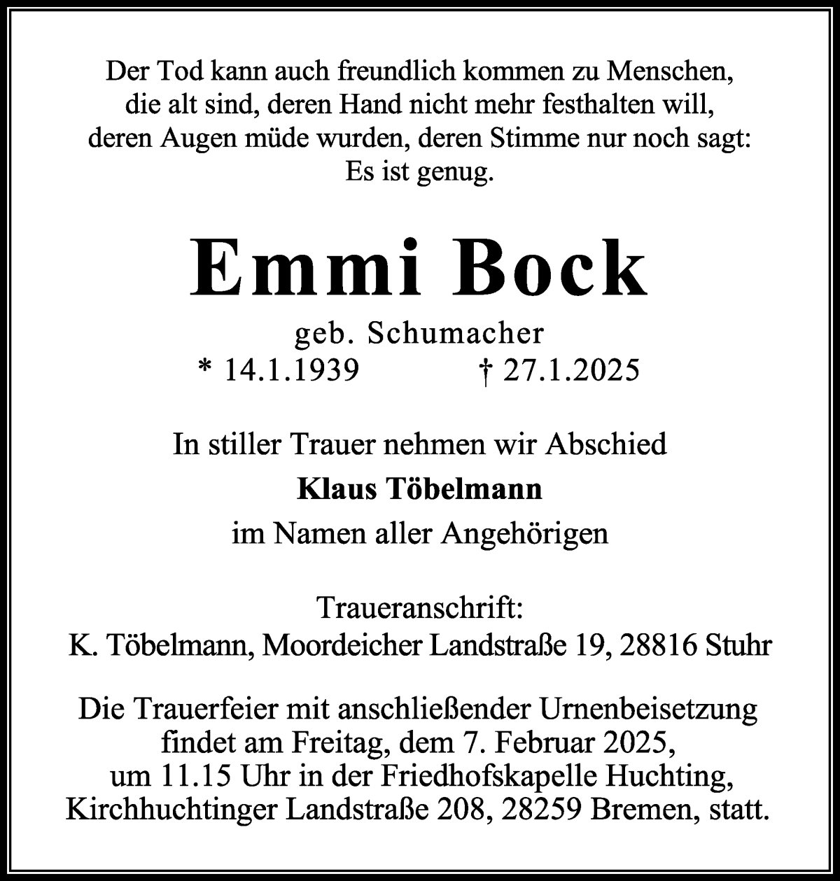 Traueranzeige von Emmi Bock von WESER-KURIER