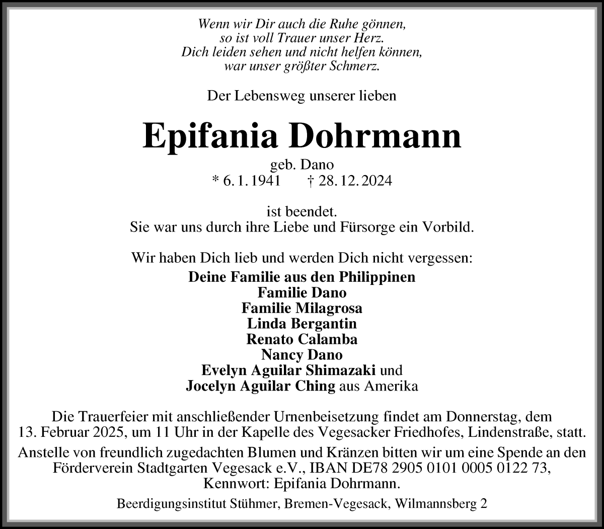 Traueranzeige von Epifania Dohrmann von Die Norddeutsche