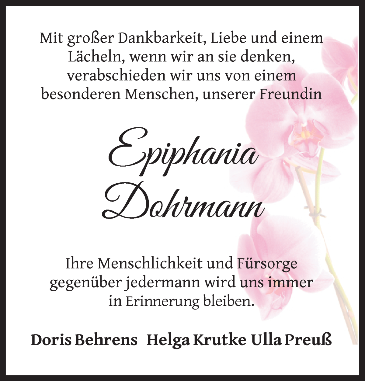 Traueranzeige von Epiphania Dohrmann von Die Norddeutsche