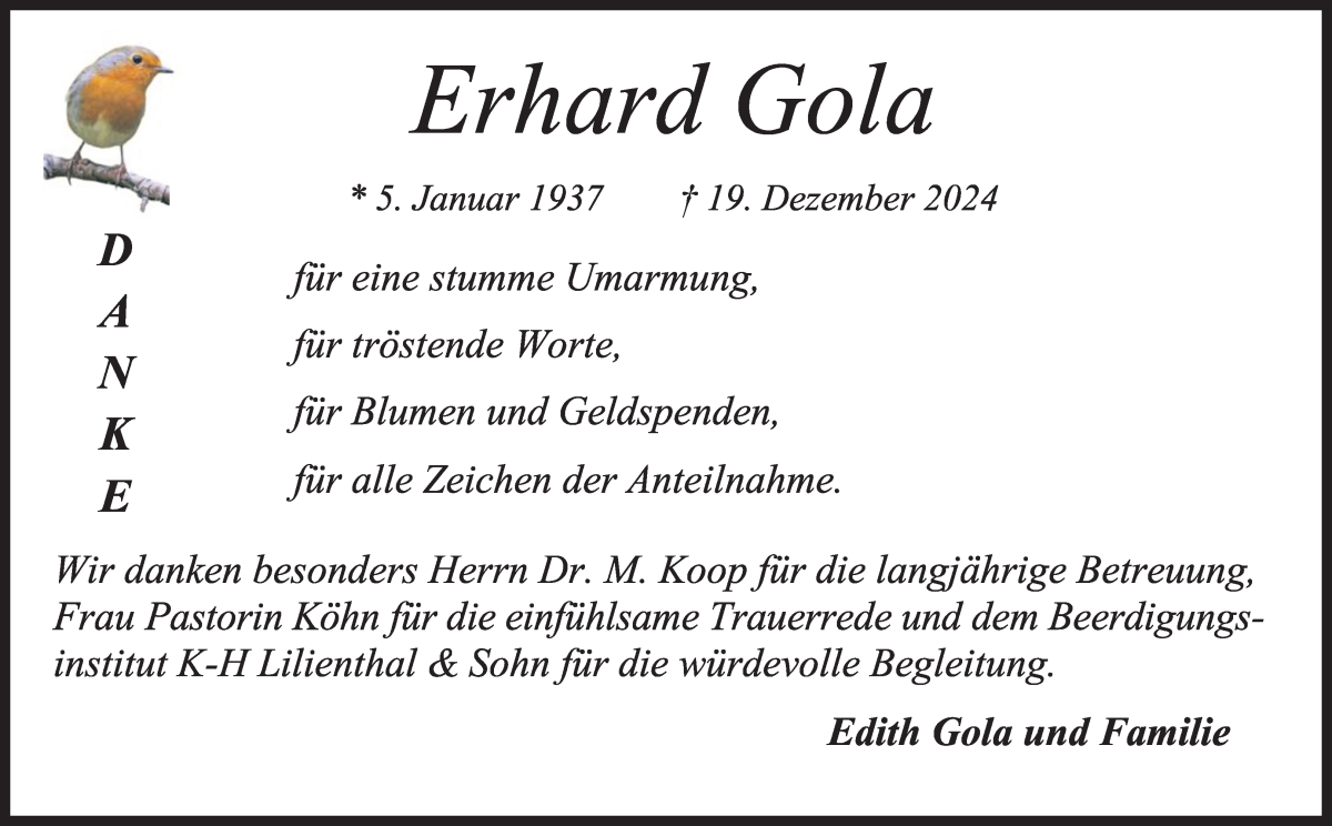 Traueranzeige von Erhard Gola von Osterholzer Kreisblatt