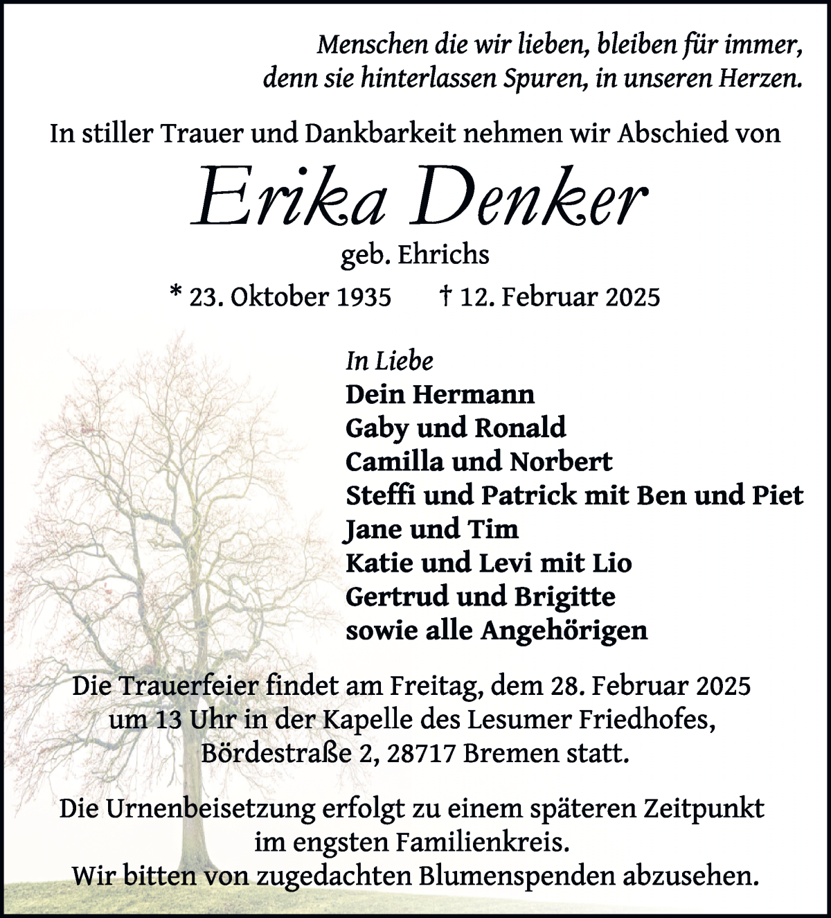 Traueranzeige von Erika Denker von WESER-KURIER