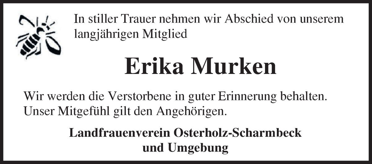 Traueranzeige von Erika Murken von Osterholzer Kreisblatt
