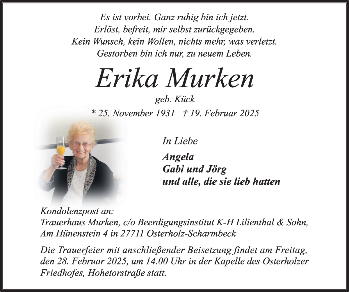 Traueranzeige von Erika Murken von Osterholzer Kreisblatt
