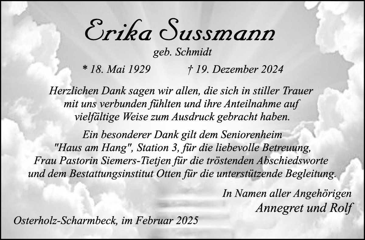 Traueranzeige von Erika Sussmann von Osterholzer Kreisblatt