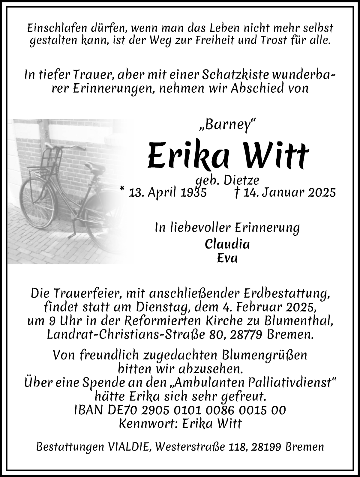 Traueranzeige von Erika Witt von Die Norddeutsche