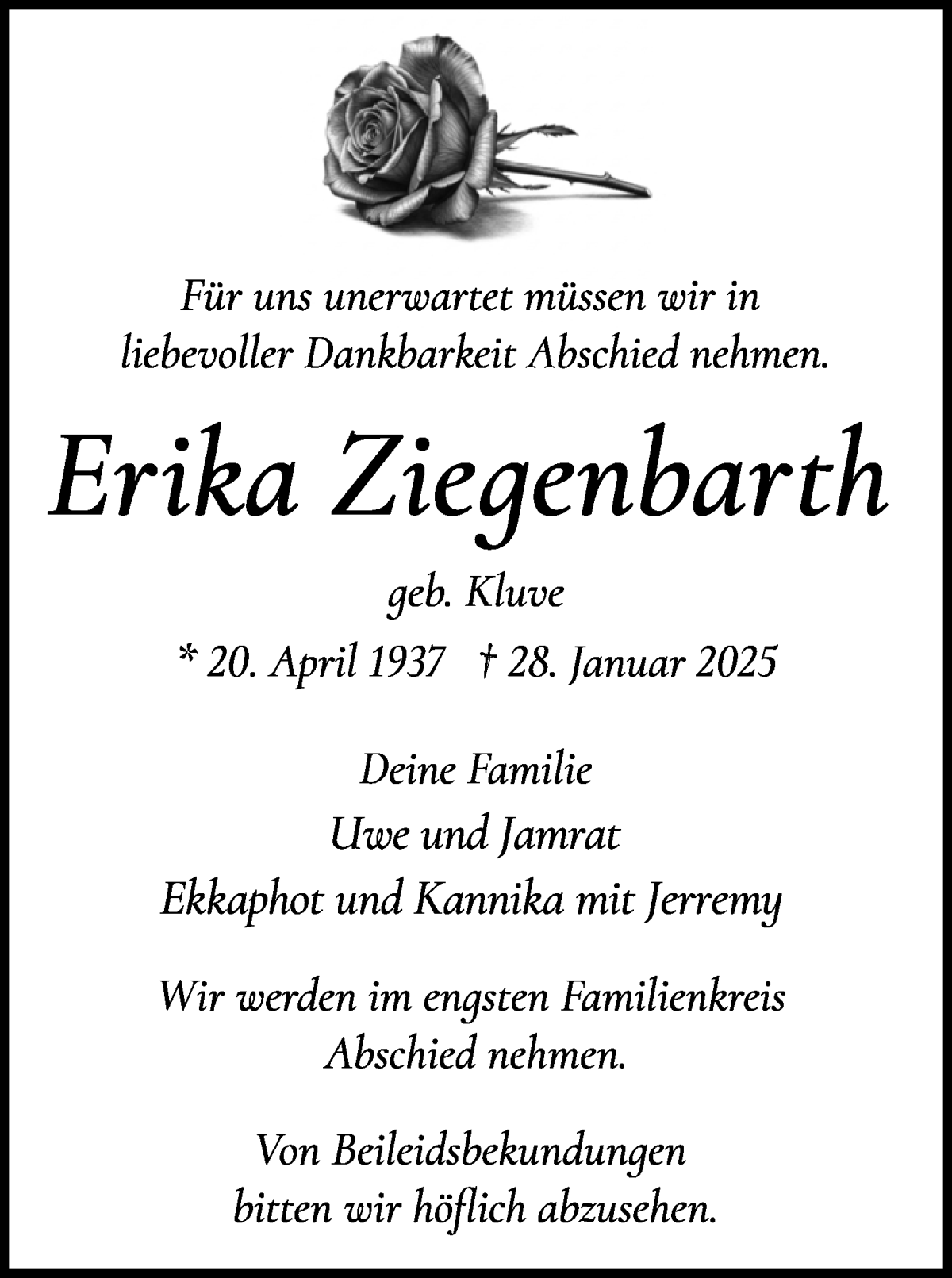 Traueranzeige von Erika Ziegenbarth von WESER-KURIER