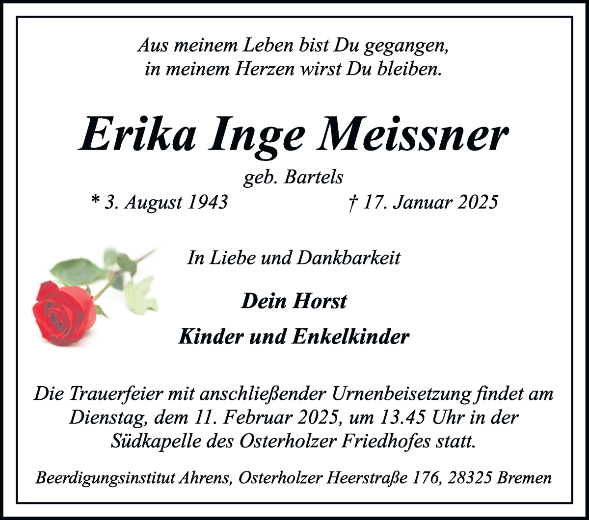 Traueranzeige von Erika Inge Meissner von WESER-KURIER