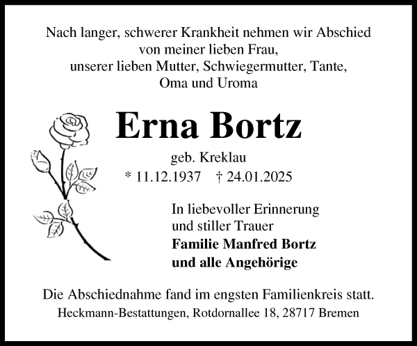 Traueranzeige von Erna Bortz von Die Norddeutsche