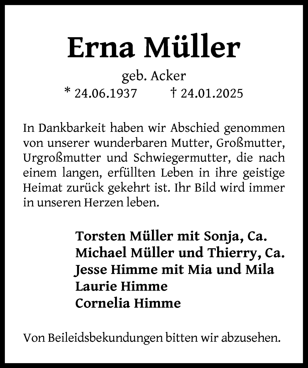 Traueranzeige von Erna Müller von Wuemme Zeitung