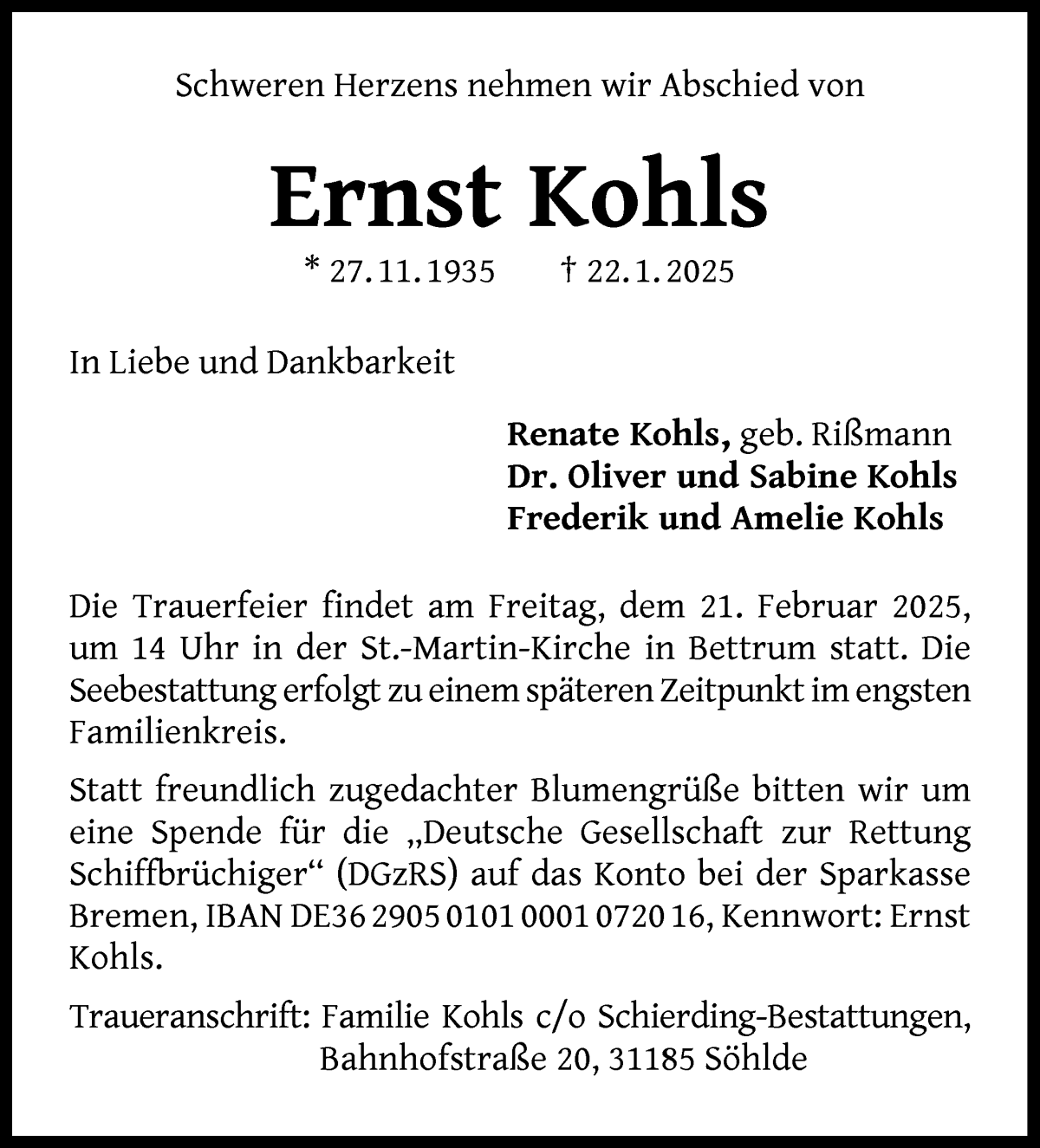 Traueranzeige von Ernst Kohls von WESER-KURIER