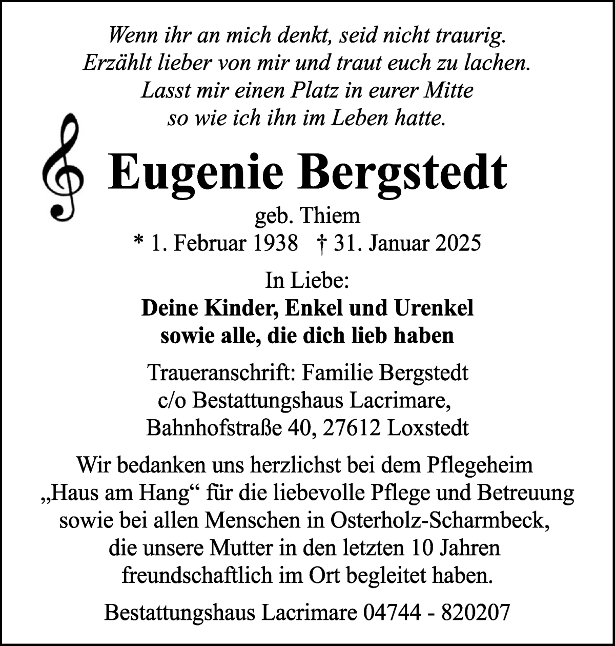 Traueranzeige von Eugenie Bergstedt von Osterholzer Kreisblatt