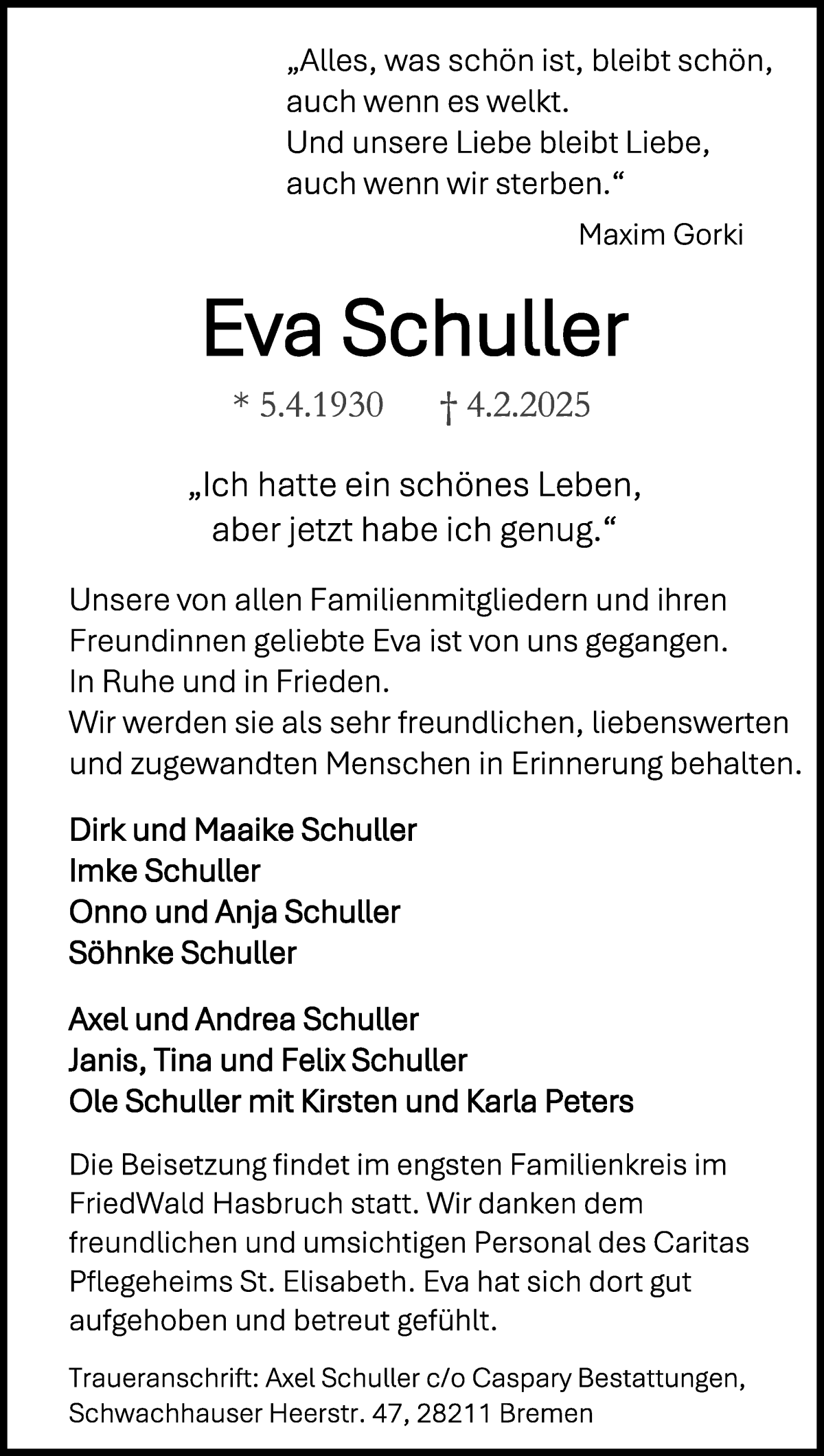 Traueranzeige von Eva Schuller von WESER-KURIER