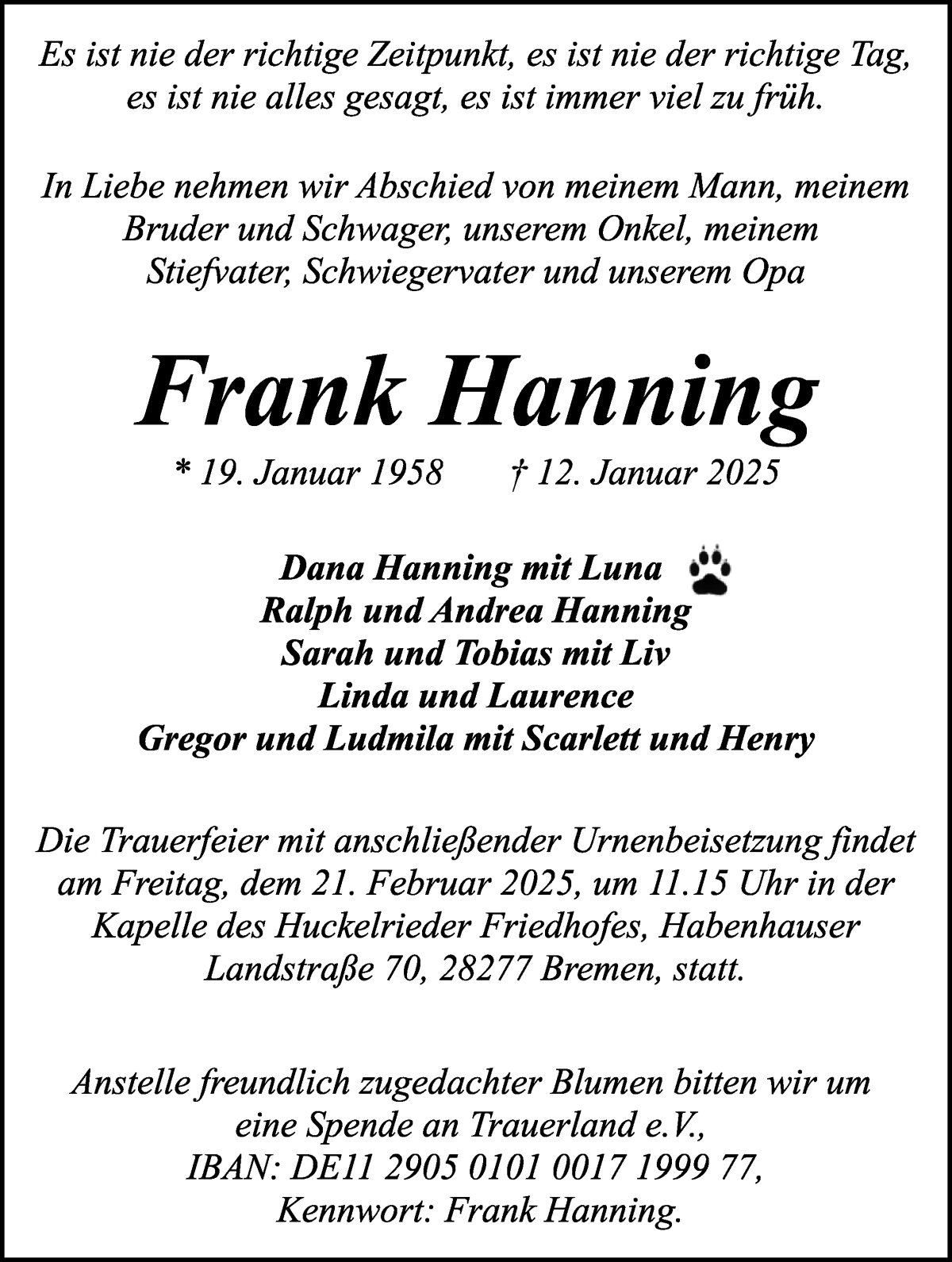 Traueranzeige von Frank Hanning von WESER-KURIER