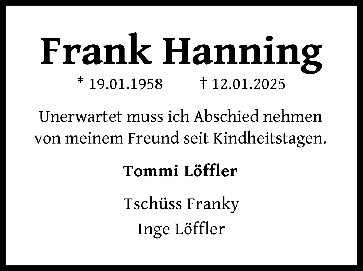 Traueranzeige von Frank Hanning von WESER-KURIER