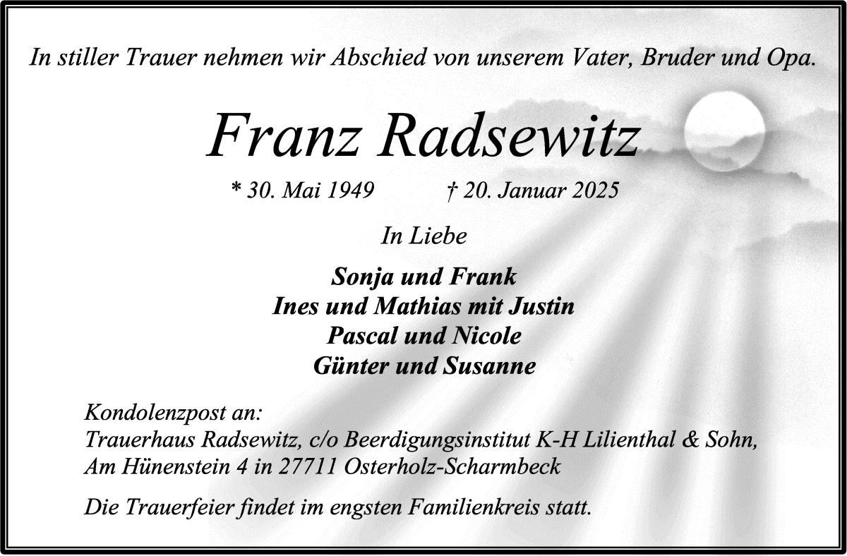 Traueranzeige von Franz Radsewitz von Osterholzer Kreisblatt
