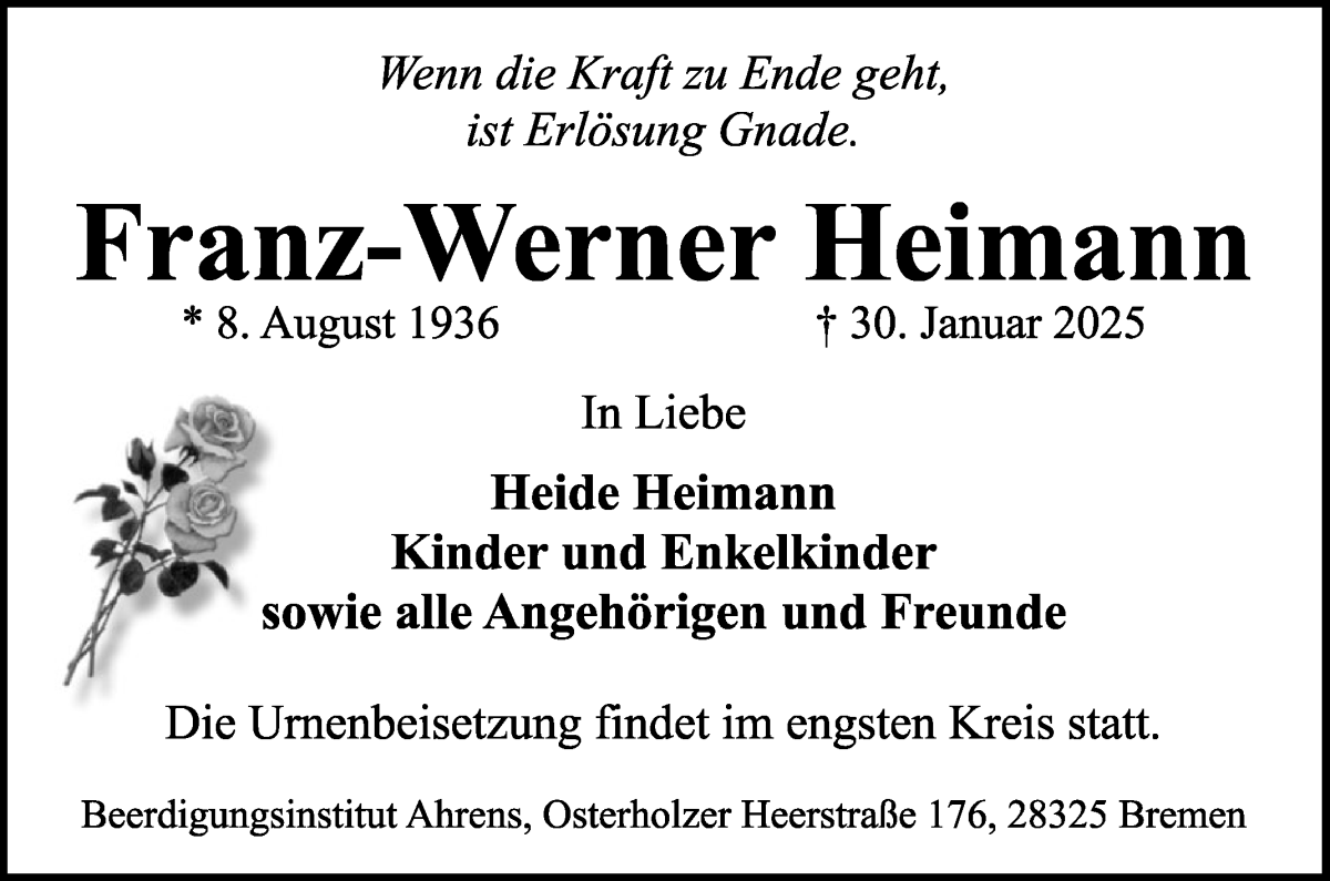 Traueranzeige von Franz-Werner Heimann von WESER-KURIER