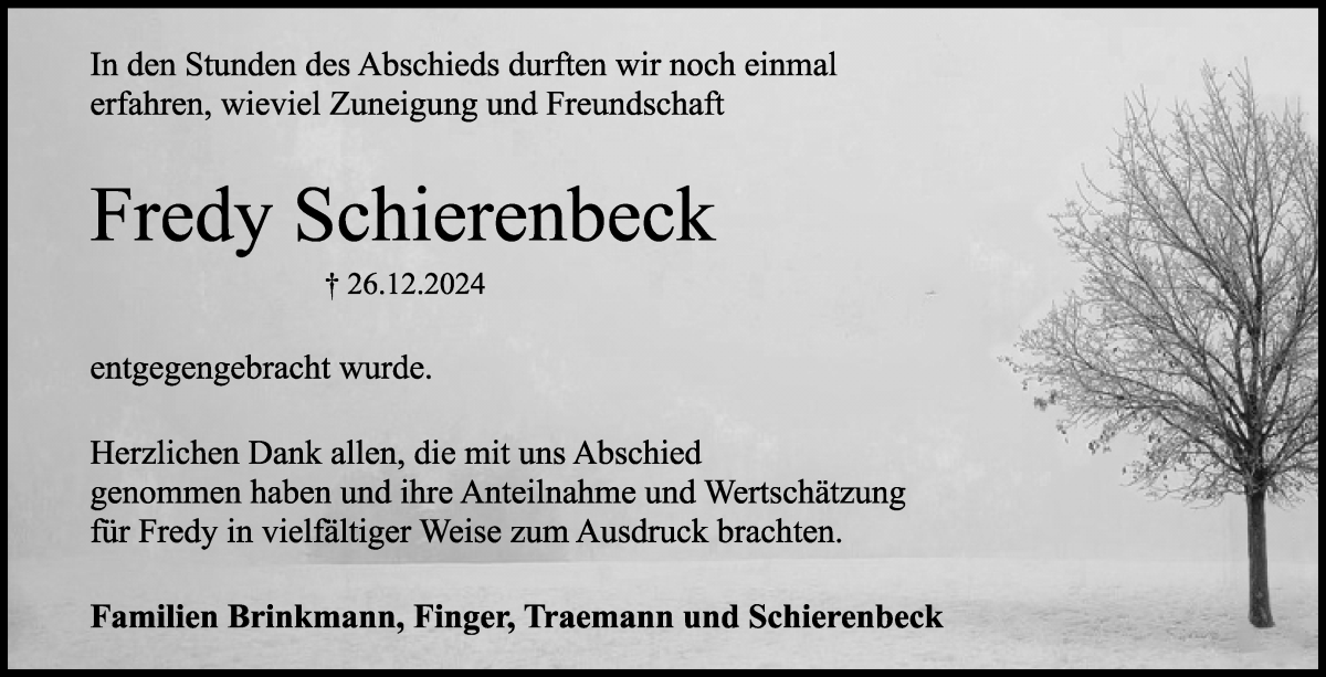 Traueranzeige von Fredy Schierenbeck von Regionale Rundschau/Syker Kurier