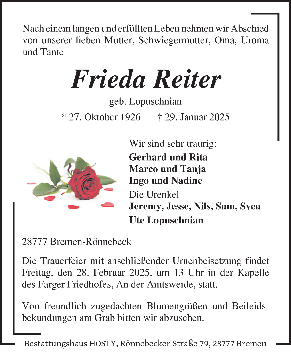 Traueranzeige von Frieda Reiter von Die Norddeutsche