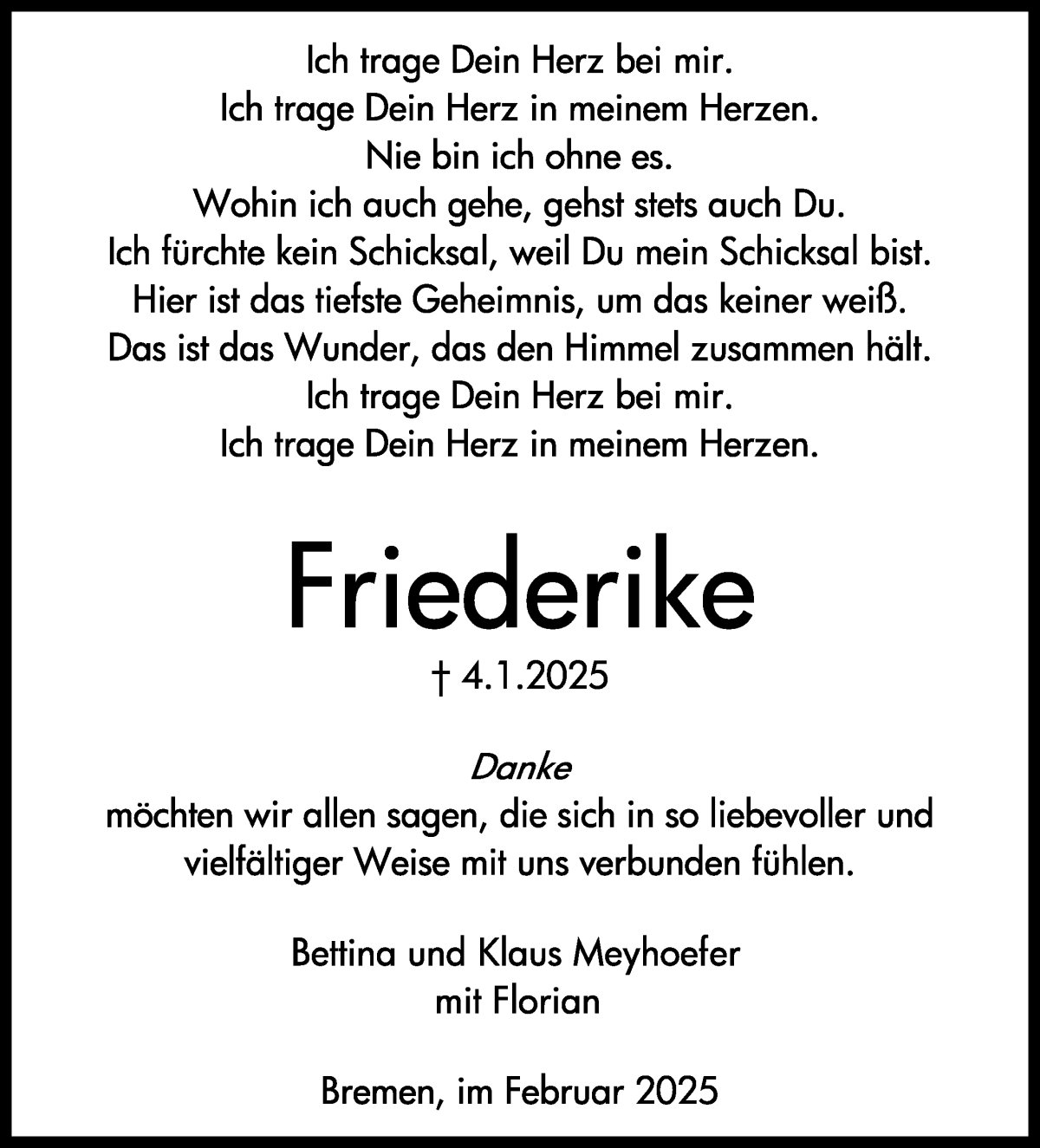 Traueranzeige von Friederike Meyhoefer von WESER-KURIER