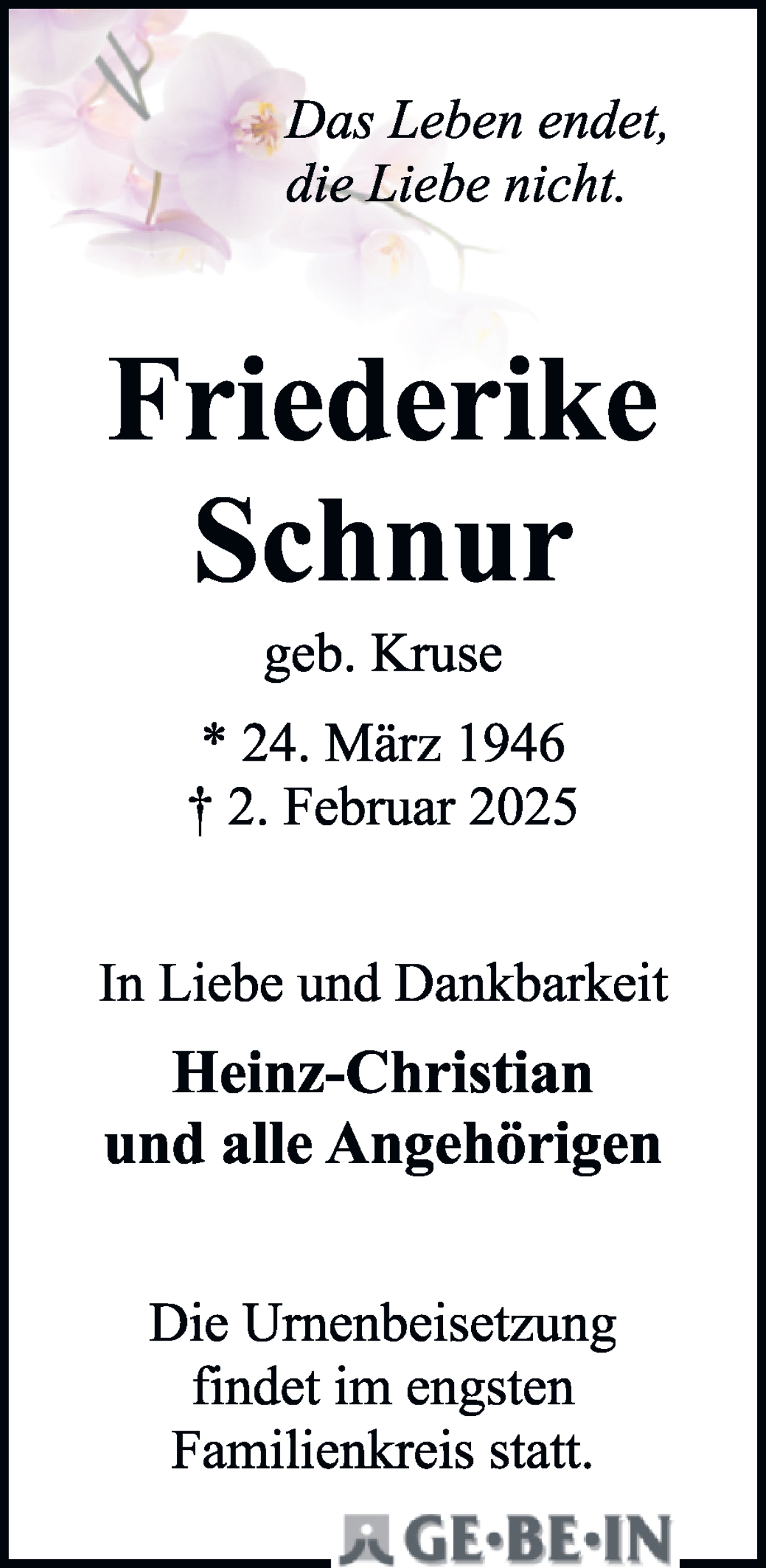 Traueranzeige von Friederike Schnur von WESER-KURIER