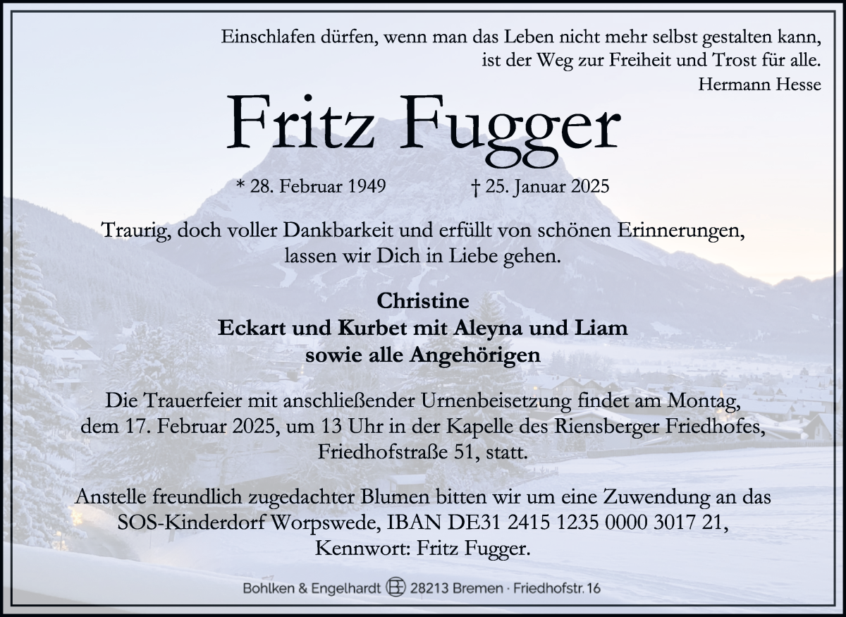 Traueranzeige von Fritz Fugger von WESER-KURIER