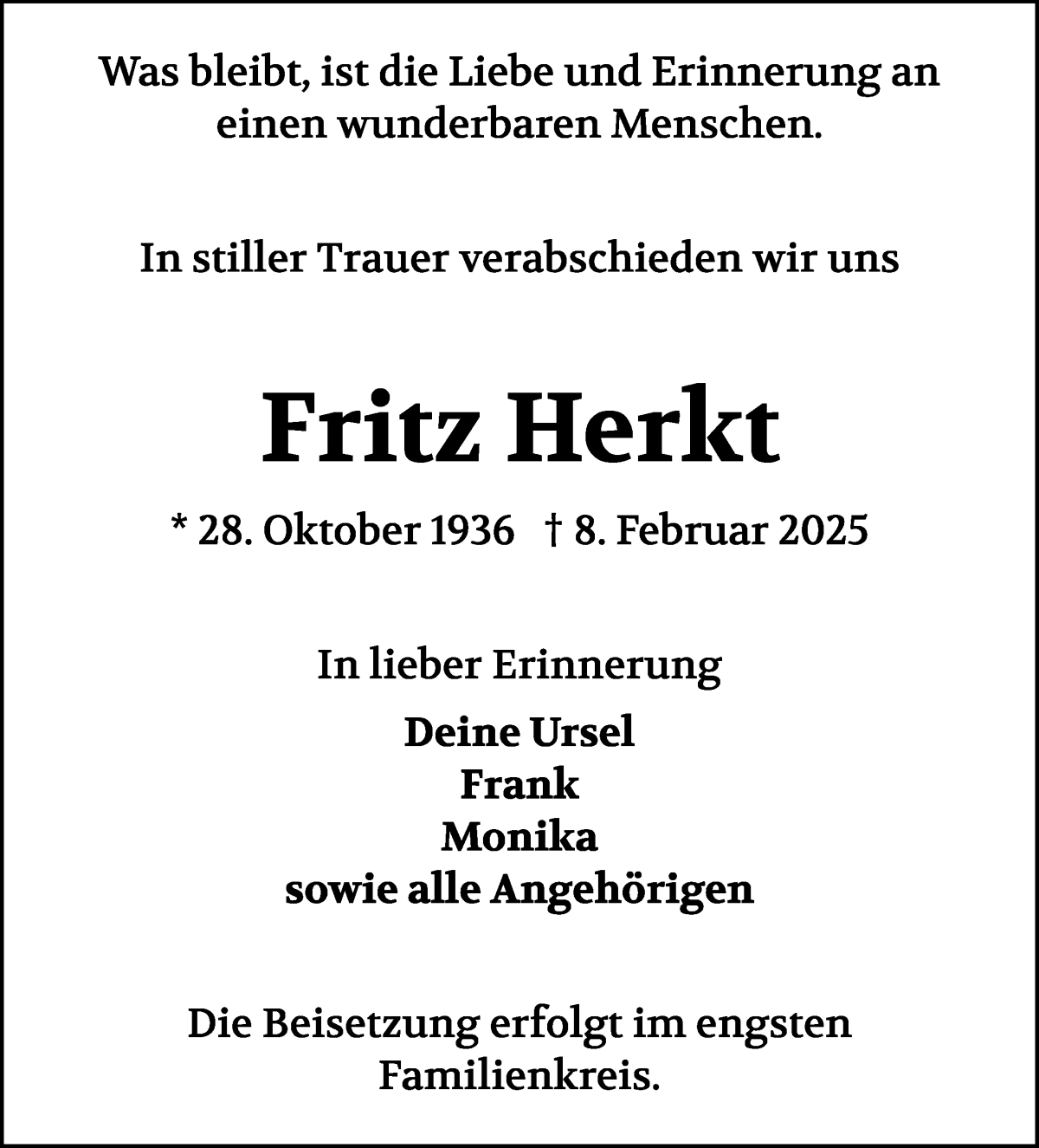 Traueranzeige von Fritz Herkt von WESER-KURIER