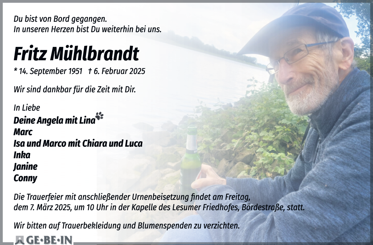 Traueranzeige von Fritz Mühlbrandt von WESER-KURIER