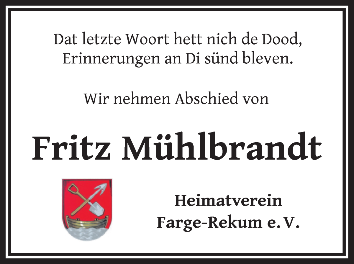 Traueranzeige von Fritz Mühlbrandt von Die Norddeutsche