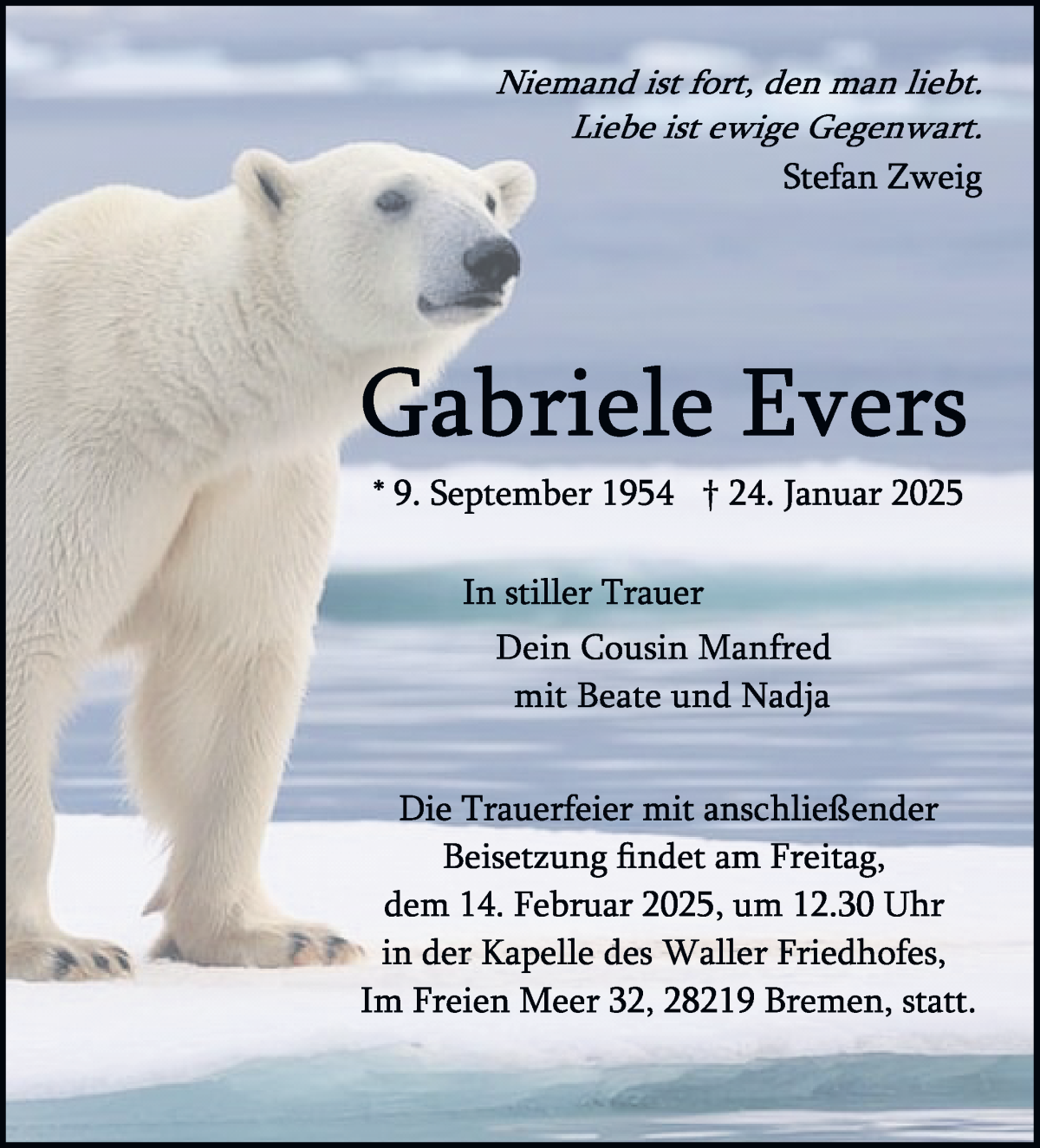 Traueranzeige von Gabriele Evers von WESER-KURIER