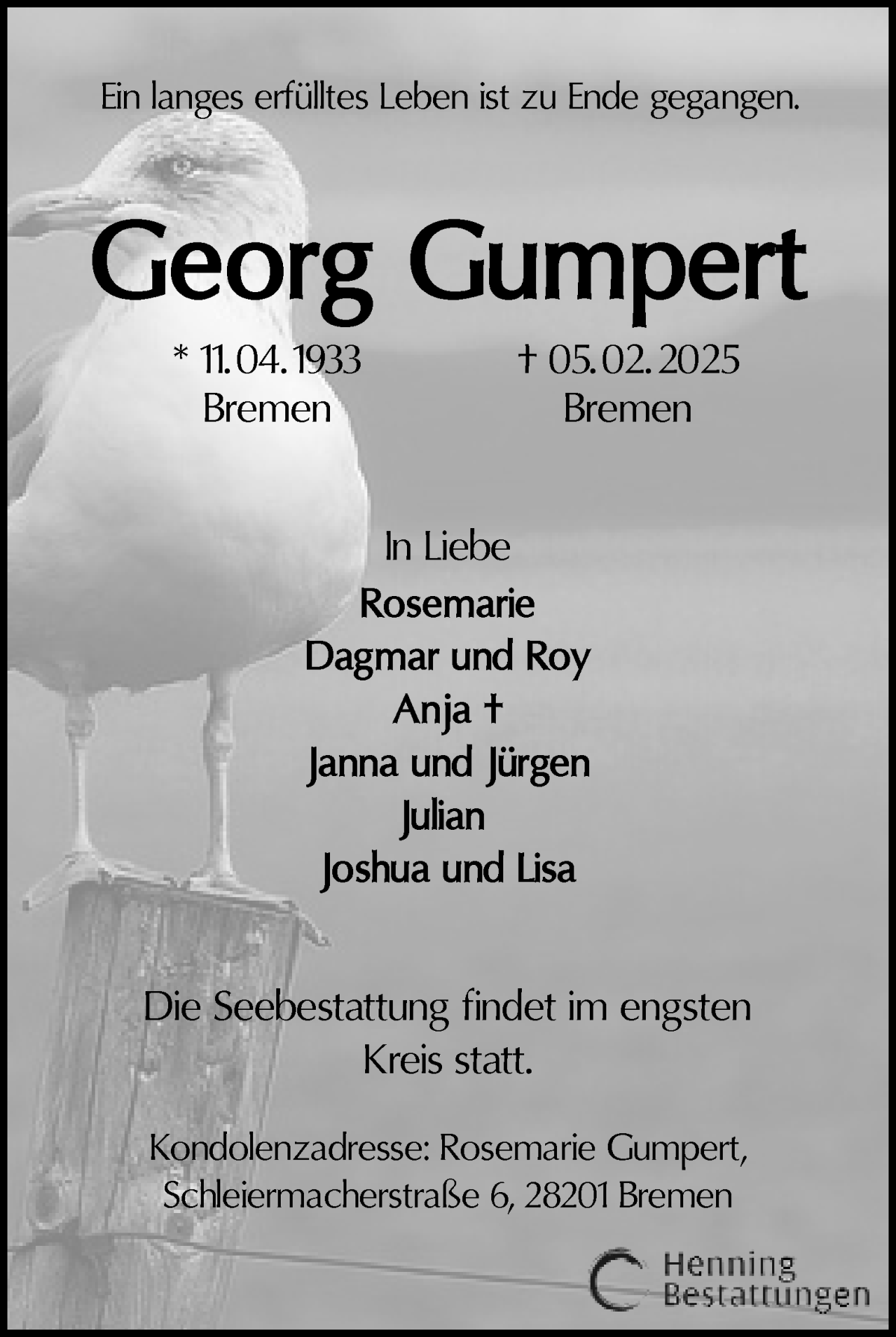 Traueranzeige von Georg Gumpert von WESER-KURIER