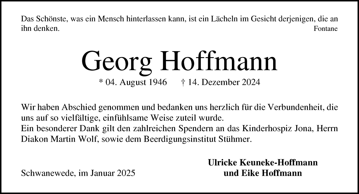 Traueranzeige von Georg Hoffmann von Die Norddeutsche