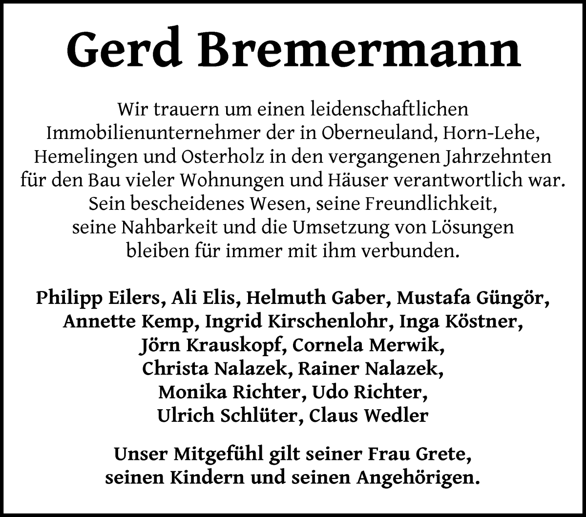 Traueranzeige von Gerd Bremermann von WESER-KURIER