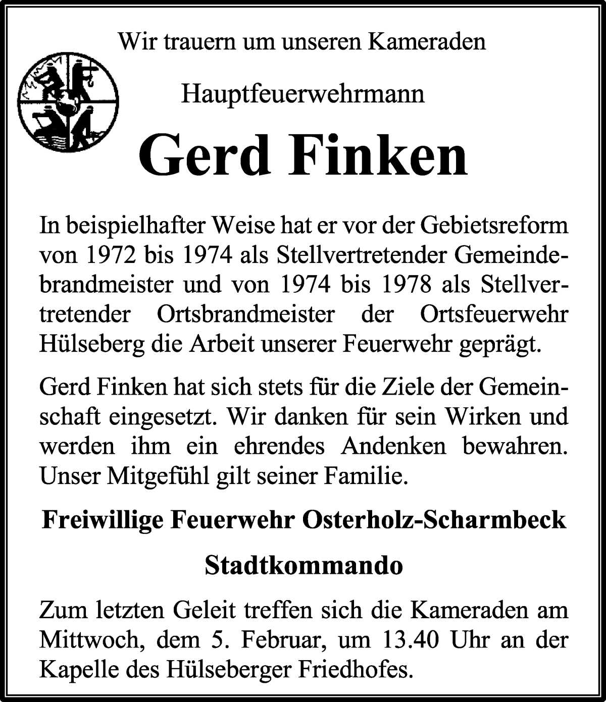 Traueranzeige von Gerd Finken von Osterholzer Kreisblatt
