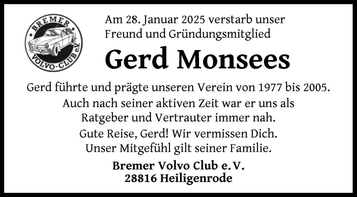 Traueranzeige von Gerd Monsees von WESER-KURIER