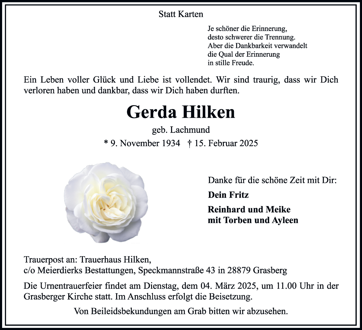Traueranzeige von Gerda Hilken von Wuemme Zeitung