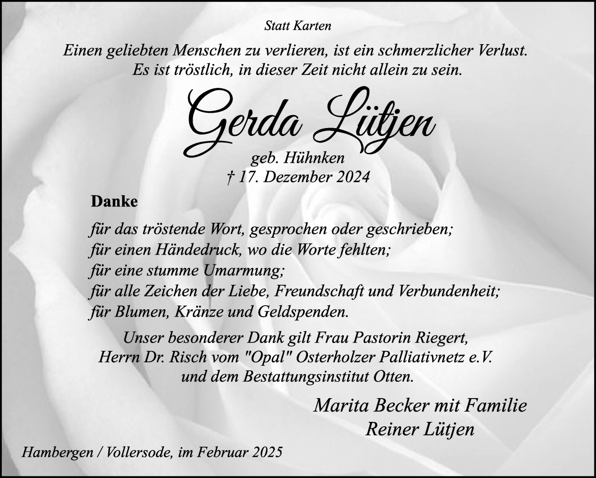 Traueranzeige von Gerda Lütjen von Osterholzer Kreisblatt