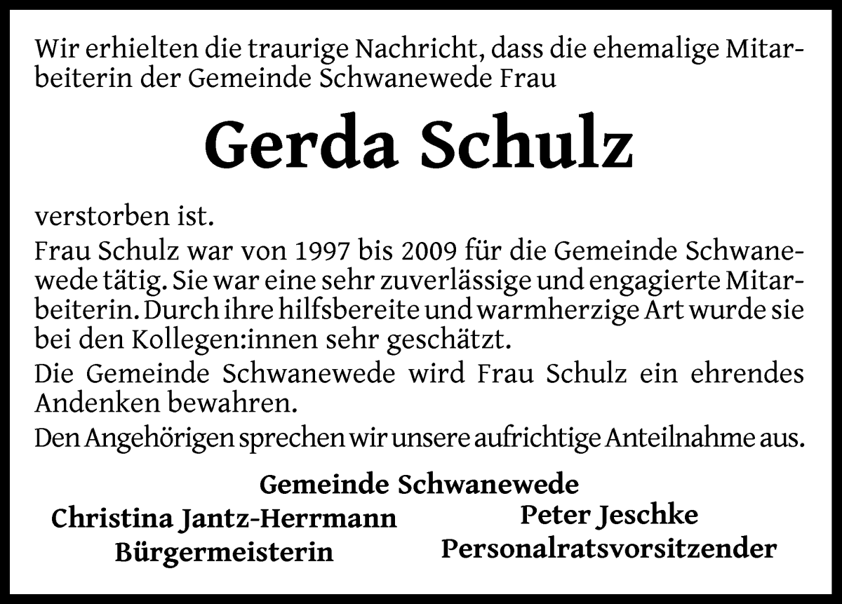 Traueranzeige von Gerda Schulz von Die Norddeutsche