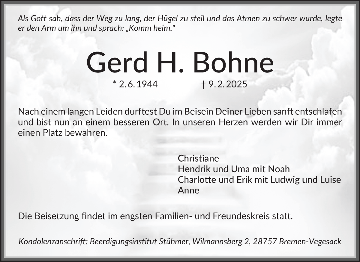 Traueranzeige von Gerd H. Bohne von Die Norddeutsche