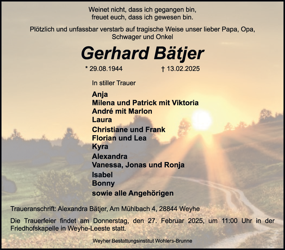 Traueranzeige von Gerhard Bätjer von WESER-KURIER