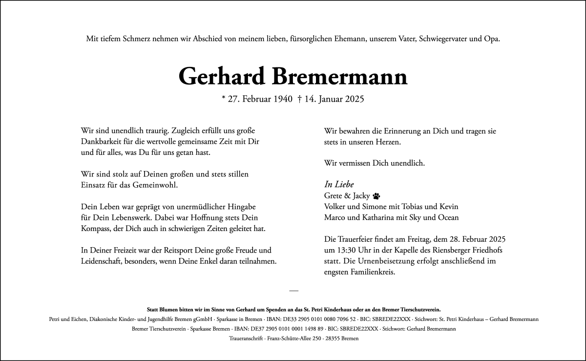 Traueranzeige von Gerhard Bremermann von WESER-KURIER