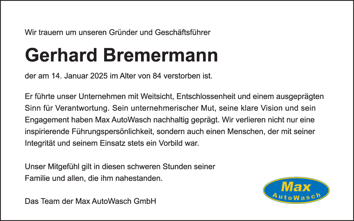 Traueranzeige von Gerhard Bremermann von WESER-KURIER