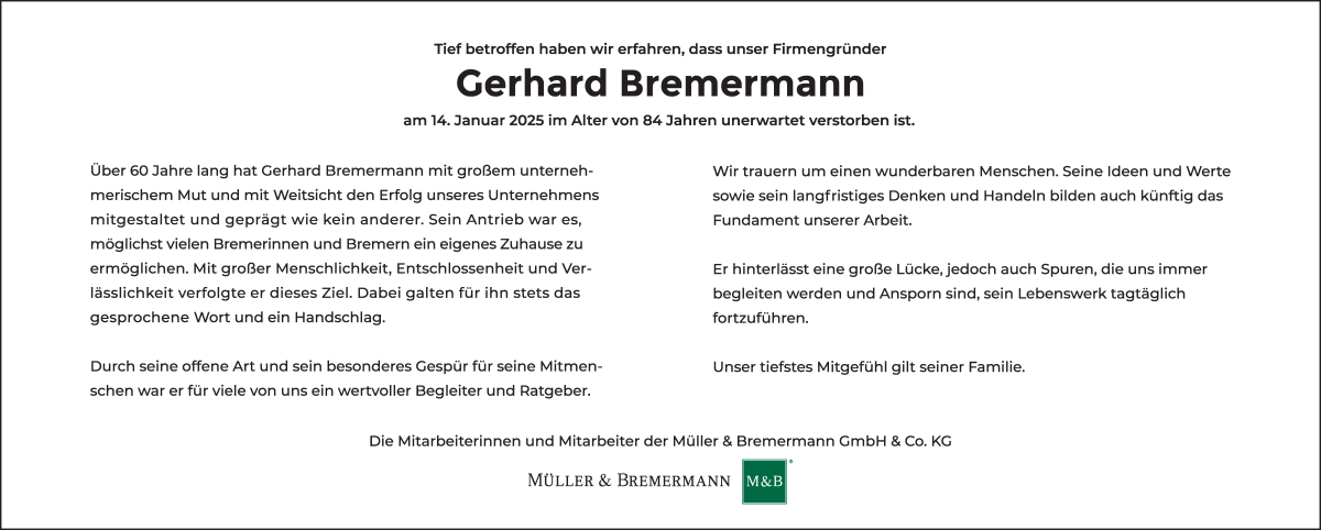 Traueranzeige von Gerhard Bremermann von WESER-KURIER