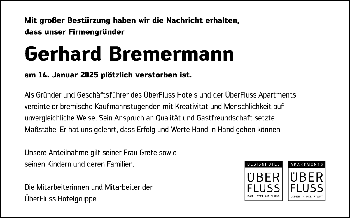 Traueranzeige von Gerhard Bremermann von WESER-KURIER
