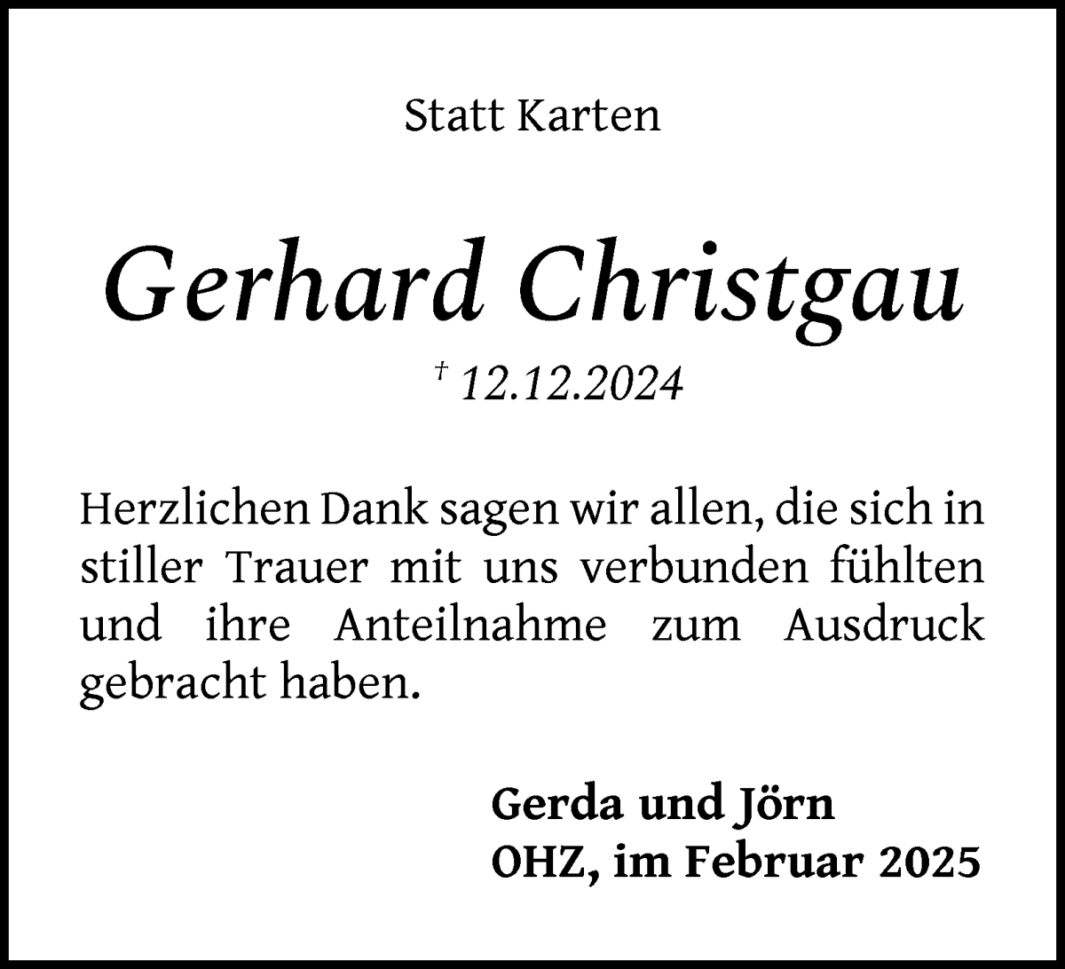 Traueranzeige von Gerhard Christgau von Osterholzer Kreisblatt