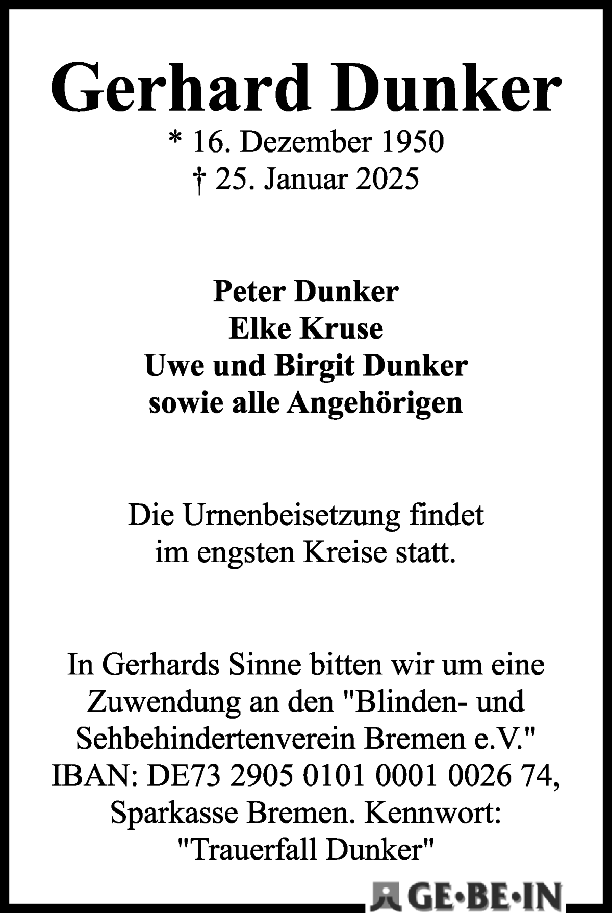 Traueranzeige von Gerhard Dunker von WESER-KURIER
