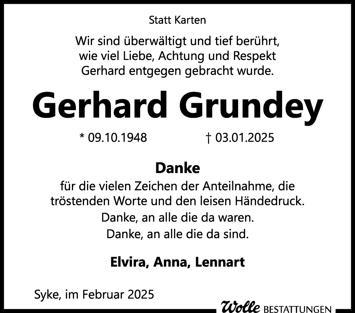 Traueranzeige von Gerhard Grundey von Regionale Rundschau/Syker Kurier