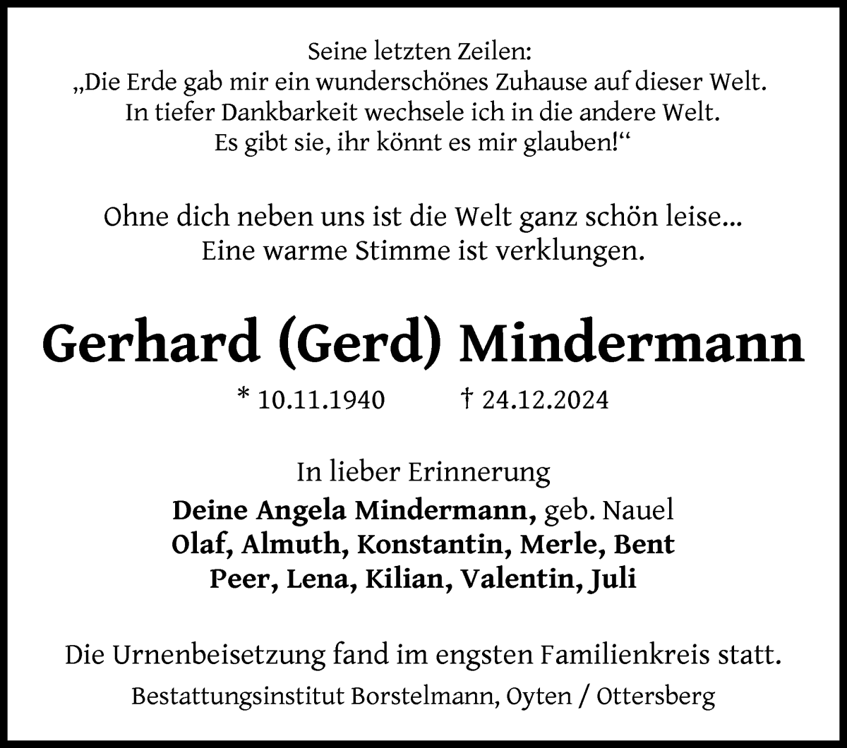 Traueranzeige von Gerhard Mindermann von WESER-KURIER