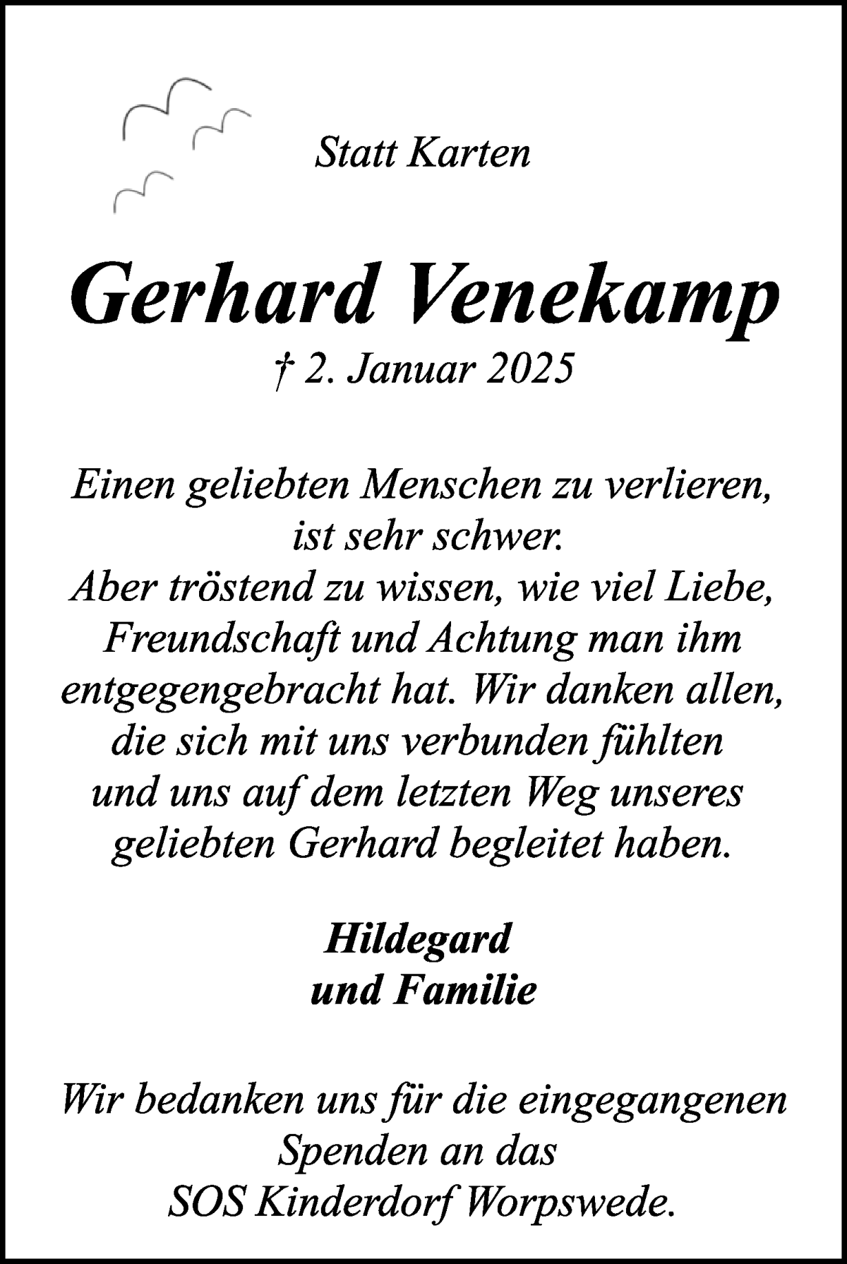 Traueranzeige von Gerhard Venekamp von WESER-KURIER