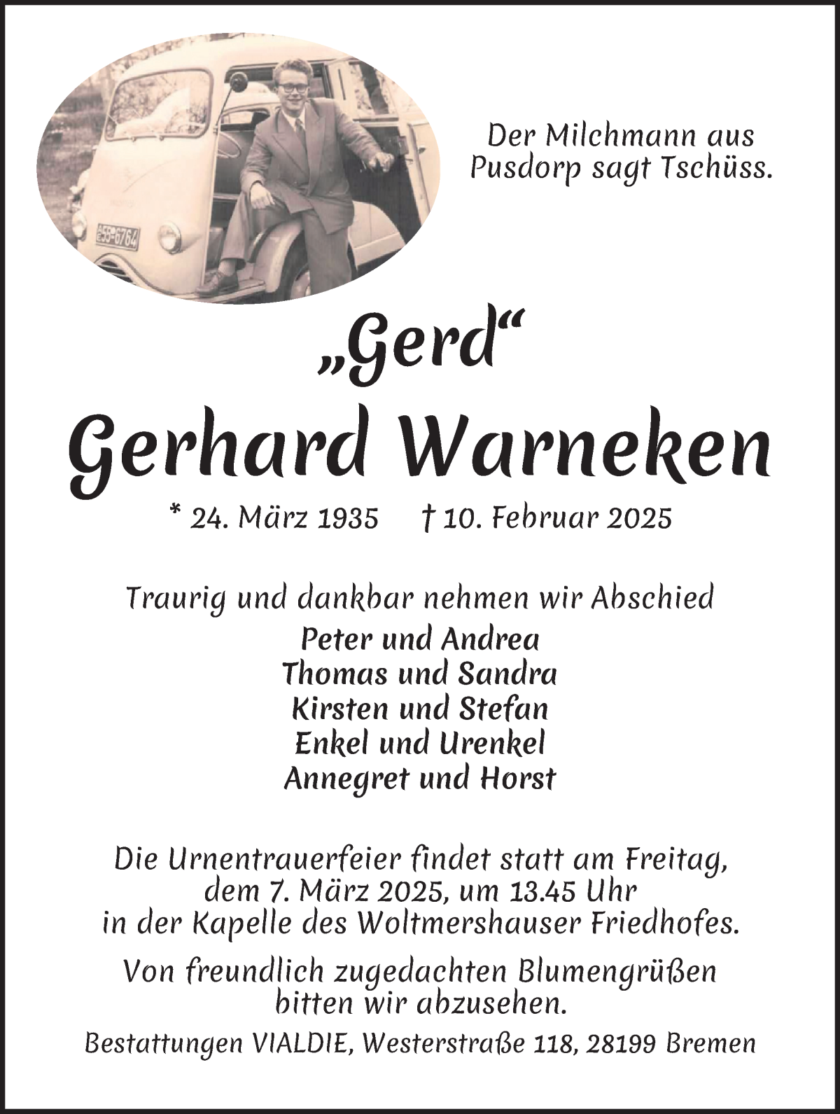 Traueranzeige von Gerhard Warneken von WESER-KURIER