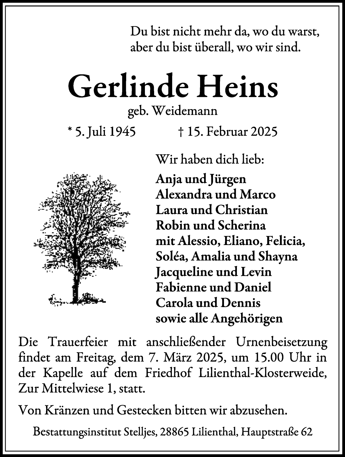 Traueranzeige von Gerlinde Heins von Wuemme Zeitung